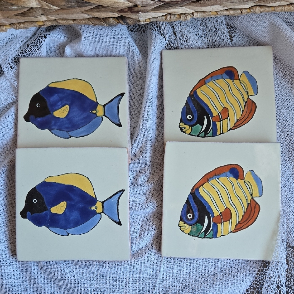 Hand-Painted Fish Ceramic Coasters Set - Blue, Yellow, Orange